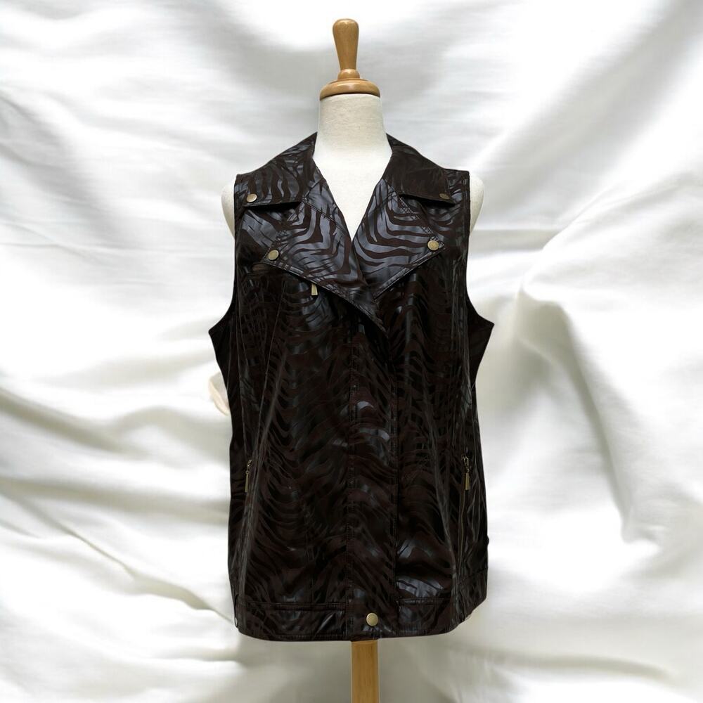 Zenergy by‎ Chicos Vest Sz 3 Brown Faux Leather MotoBoho Zebra Bikercore Animal